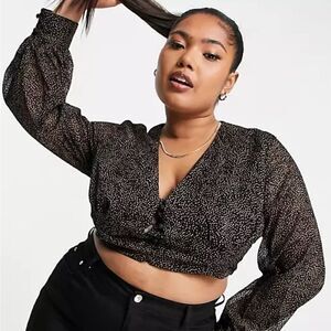 Koco & K Plus volume sleeve crop top in disty print Long Sleeves Button Up Shirt